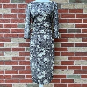 Tracy Reese Silk Rose Print Ruched Boatneck Gray 3/4 Sleeve Sheath Dress 👗